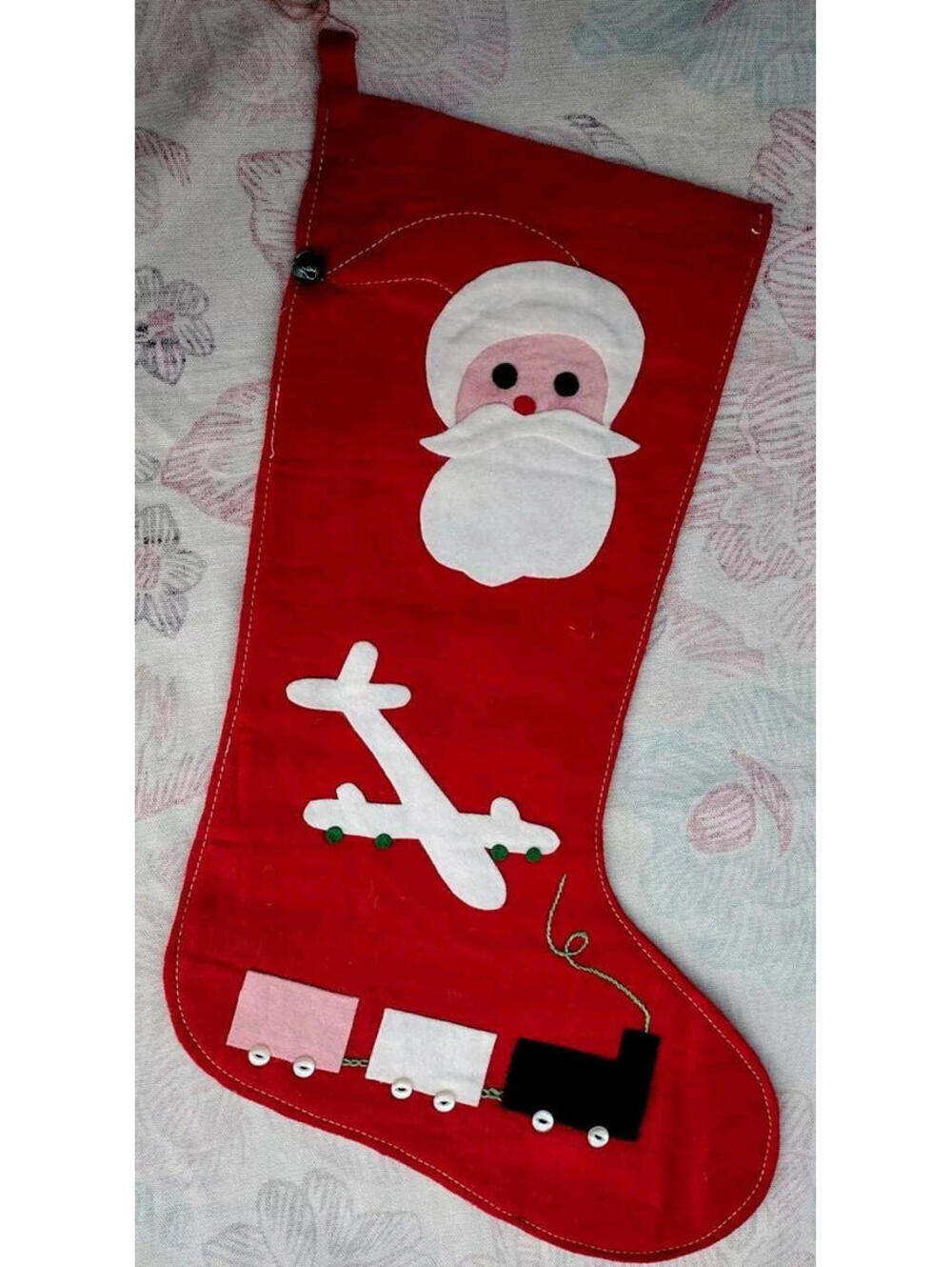Vintage 50s Christmas Felt Stocking Santa Claus Handmade Train Airplane Buttons